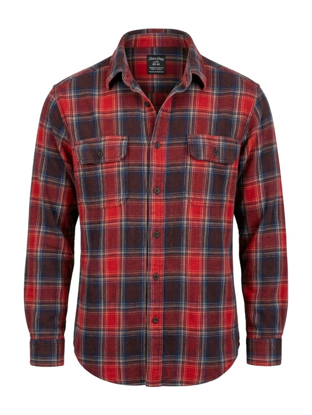 Cozy Rugged Men's Large 42-44 Red Black Plaid Cotton Flannel Button Shirt 5125